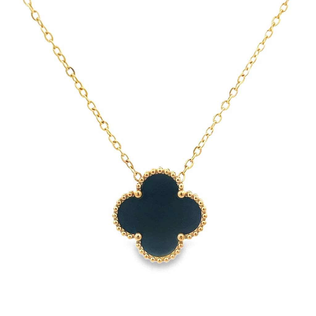 18K gold-plated clover necklace with black enamel by Atelier Épure, elegant, timeless, and effortlessly refined.