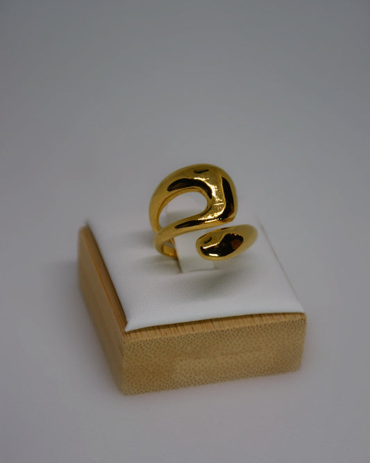 Mirael Ring adjustable gold-tone stainless steel ring with abstract sculptural design, photographed in soft neutral tones for the refined Atelier Épure aesthetic.