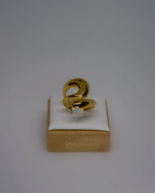 Mirael Ring adjustable gold-tone stainless steel ring with abstract sculptural design, photographed in soft neutral tones for the refined Atelier Épure aesthetic.