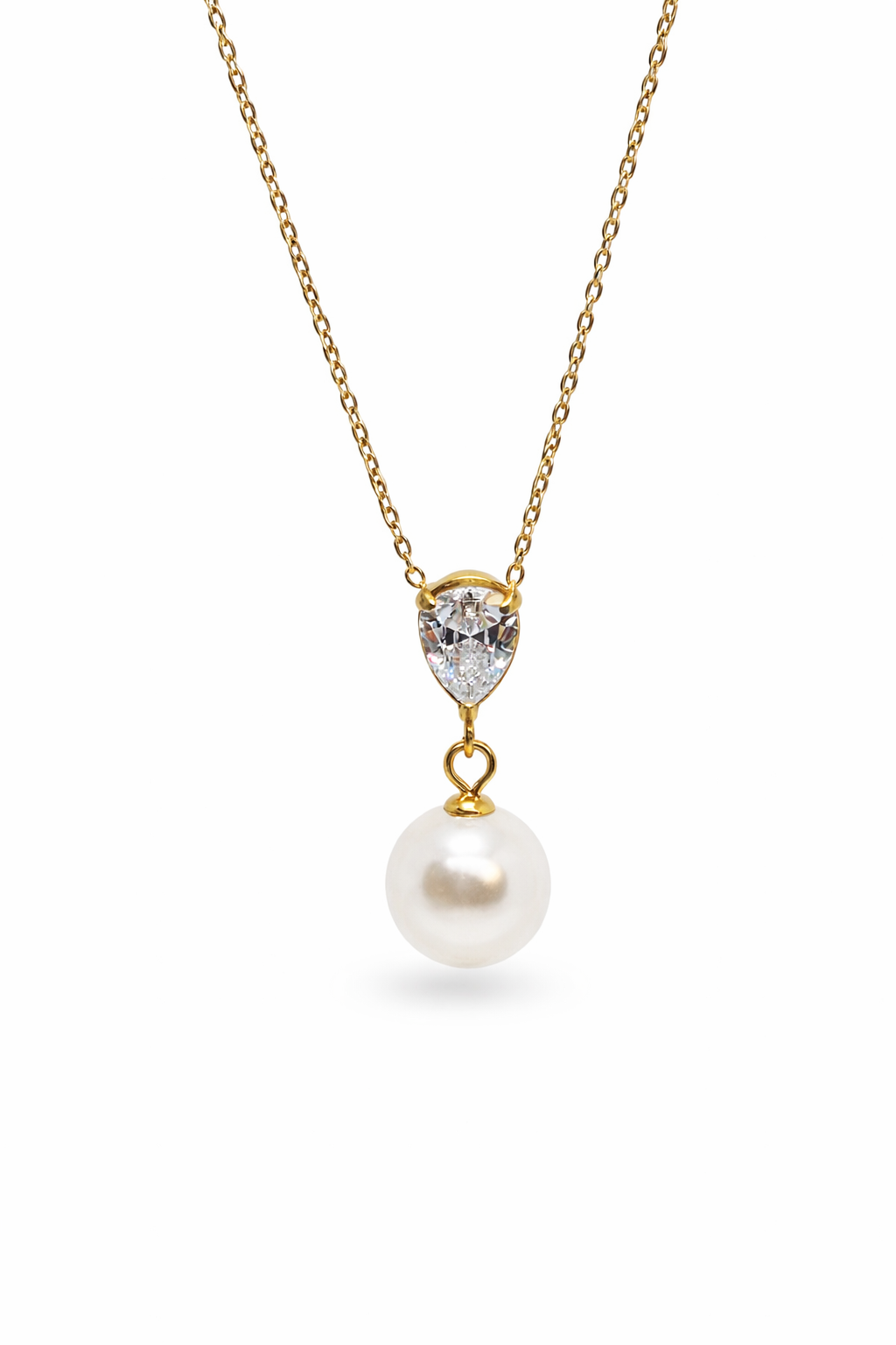 18K gold-plated necklace with pear zirconia and pearl pendant by Atelier Épure — elegant, refined, and timeless