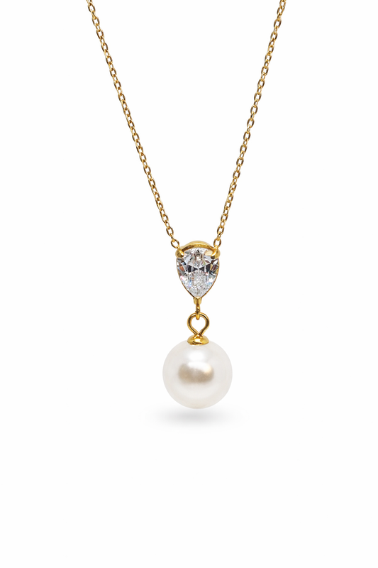 18K gold-plated necklace with pear zirconia and pearl pendant by Atelier Épure — elegant, refined, and timeless