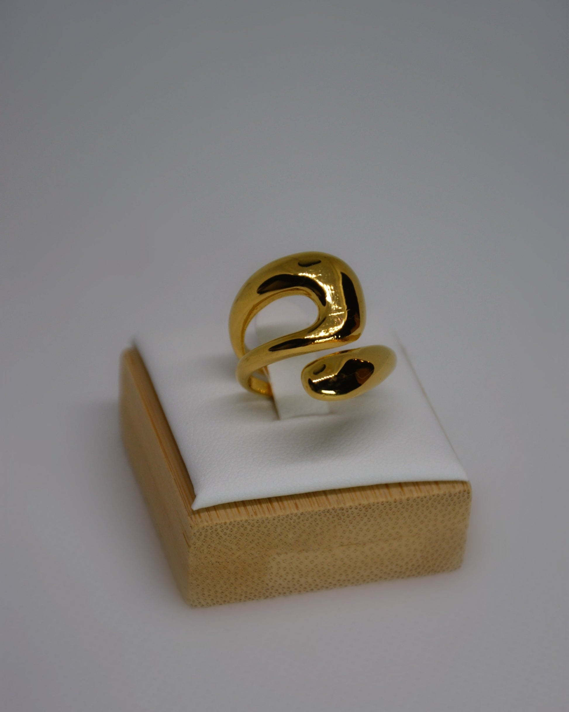 Mirael Ring adjustable gold-tone stainless steel ring with abstract sculptural design, photographed in soft neutral tones for the refined Atelier Épure aesthetic.