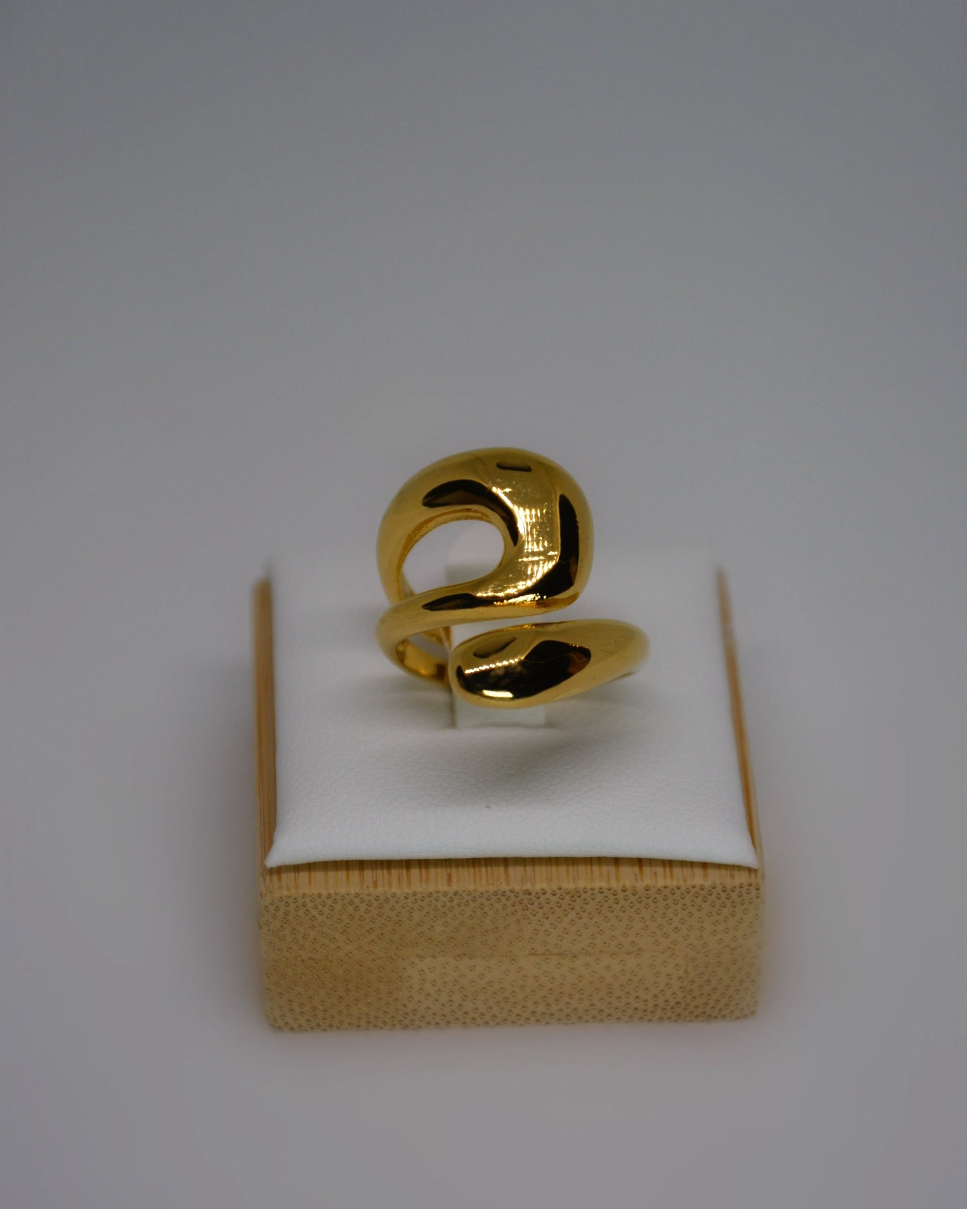 Mirael Ring adjustable gold-tone stainless steel ring with abstract sculptural design, photographed in soft neutral tones for the refined Atelier Épure aesthetic.