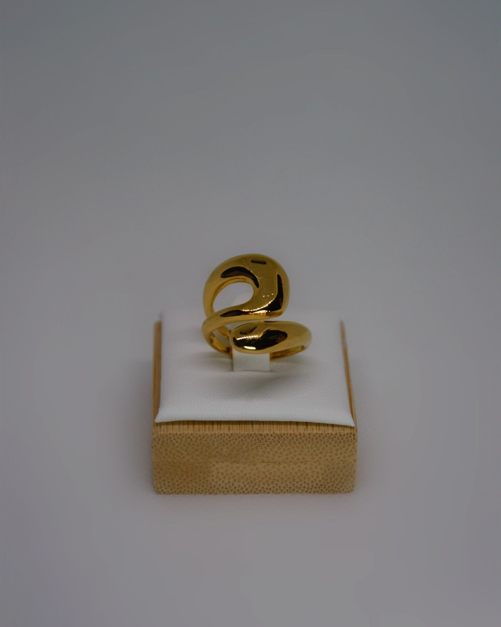 Mirael Ring adjustable gold-tone stainless steel ring with abstract sculptural design, photographed in soft neutral tones for the refined Atelier Épure aesthetic.