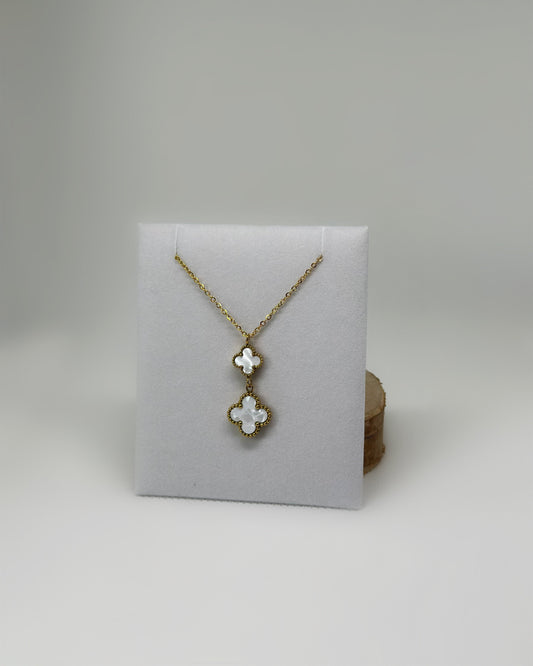 18K gold-plated double clover necklace with white enamel by Atelier Épure elegant, timeless, and effortlessly refined.